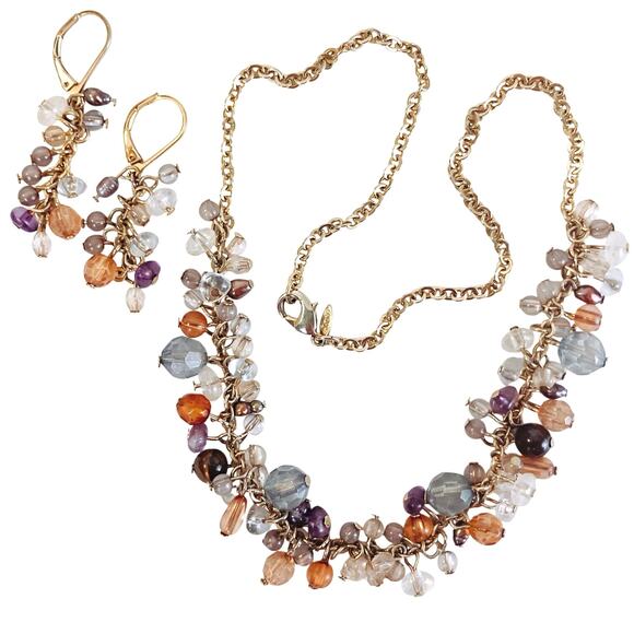 Signed Avon Gold Tone Plastic Bead Cluster Necklace Earrings Set Y2K Jewelry - Picture 1 of 11